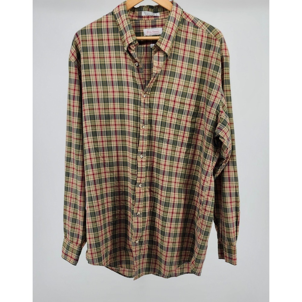 Porter-Stevens Mens 2X Tall Plaid Button Down Shirt Green Red Long Sleeve Pocket